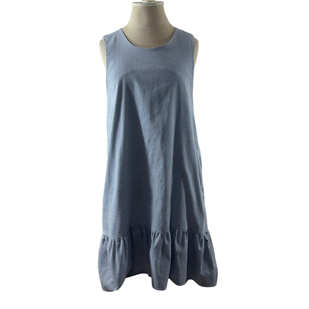 Mo:vint‎ New York Blue Cotton White Striped Ruffle High-Low Shift Dress Womens S